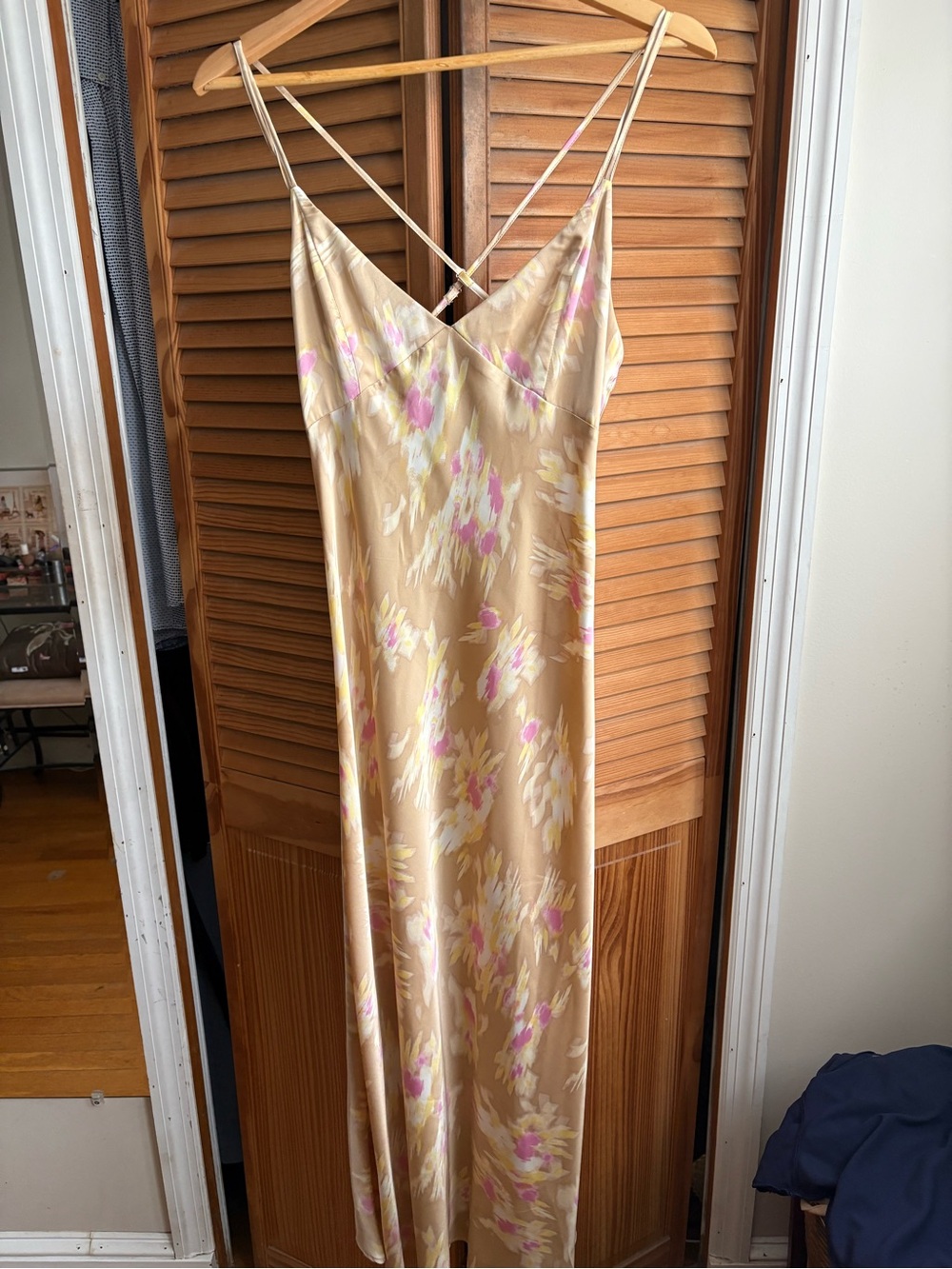 Forever 21 Beige Floral Satin Maxi Slip Dress with Pink Accents